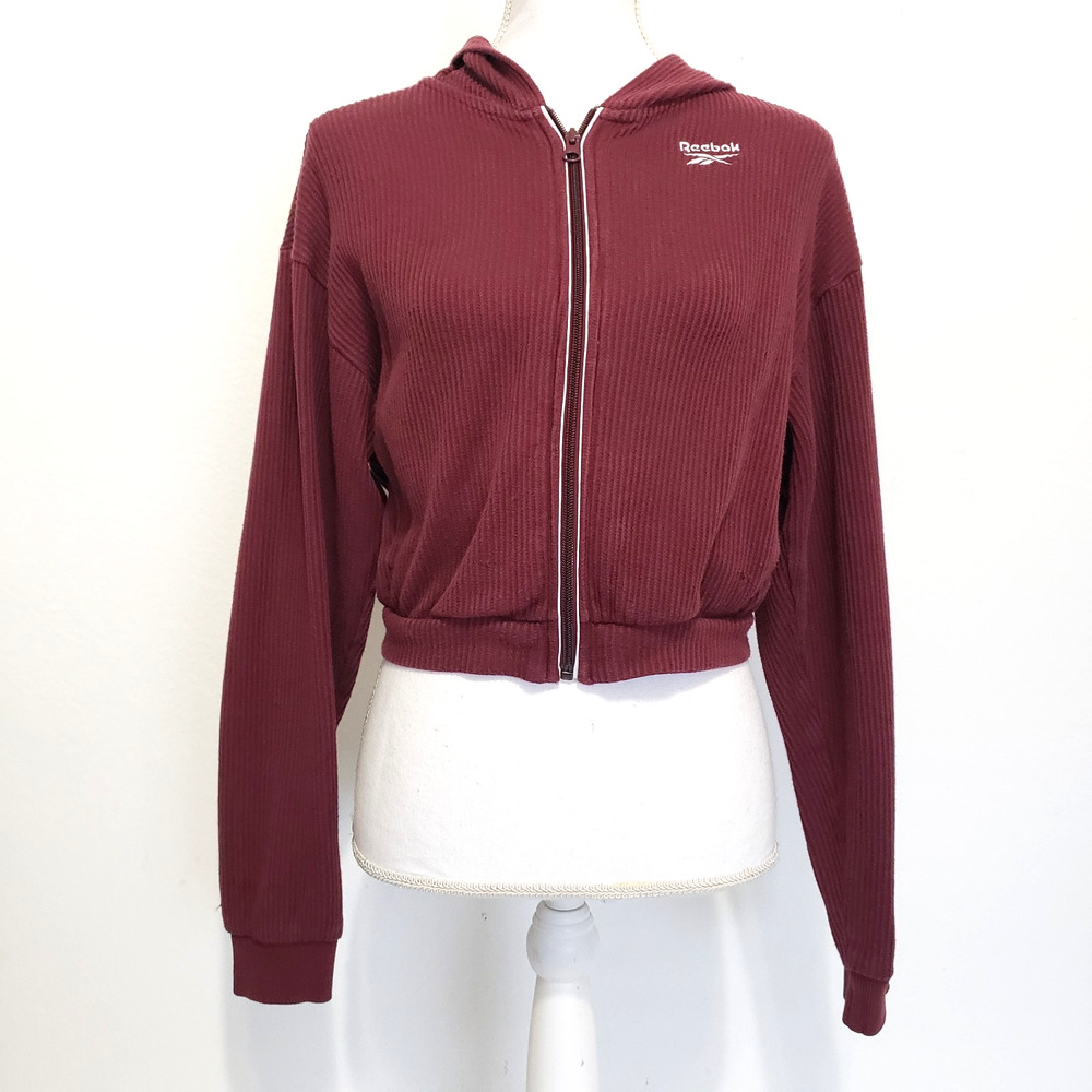 Reebok Women's SIZE XS Maroon Hooded Full Zip Cropped Fashion Track Jacket FLAW